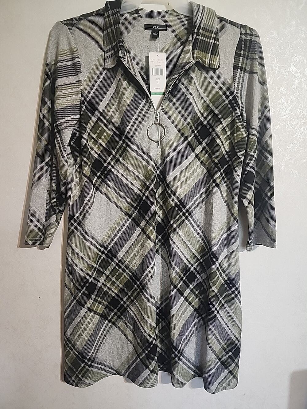 R&K Midi Knee Length Dress Olive Black Plaid Quarter Zip Long Sleeve sz L